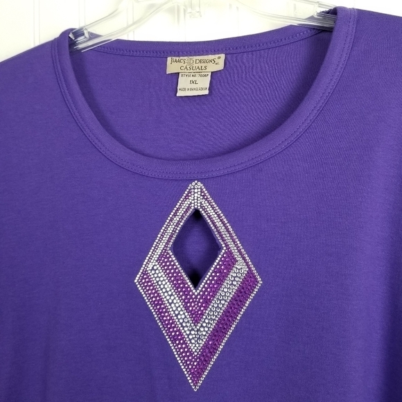 Isaac's Designs Casuals 3/4 Cut Out Sleeve Top Stretchy Rhinestone Purple Sz 1XL - Picture 4 of 11